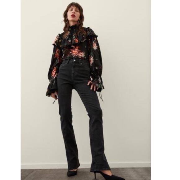 H&M Medium M Frill Ruffle Trimmed Chiffon Blouse Black Floral Smocked High Neck - Picture 2 of 16